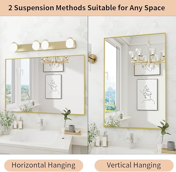 Koonmi Gold Mirrors for Wall, 30x55 Inch Bathroom Mirror, Rectangular Wall Mirror for Living Room Bedroom Bathroom, Hangs Horizontally or Vertically