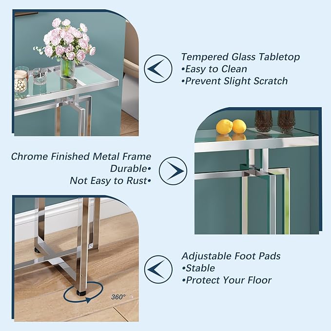 ASYA Glass Console Table for Entryway, Modern Entryway Table with Tempered Glass & Chrome Frame, Silver Sofa Table for Living Room Hallway