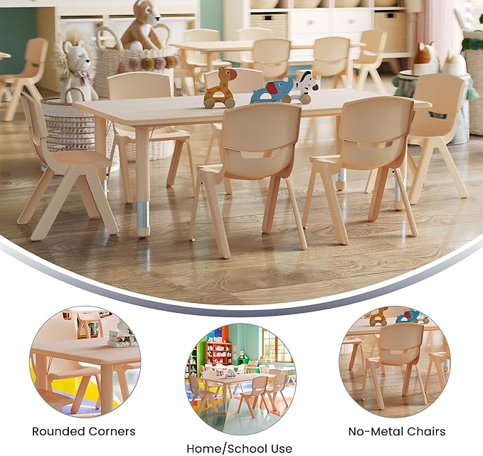 Flash Furniture Emmy Adjustable Classroom Activity Table with 6 Stackable Chairs, Plastic Activity Table for Kids, 23.625" W x 47.25" L, Natural