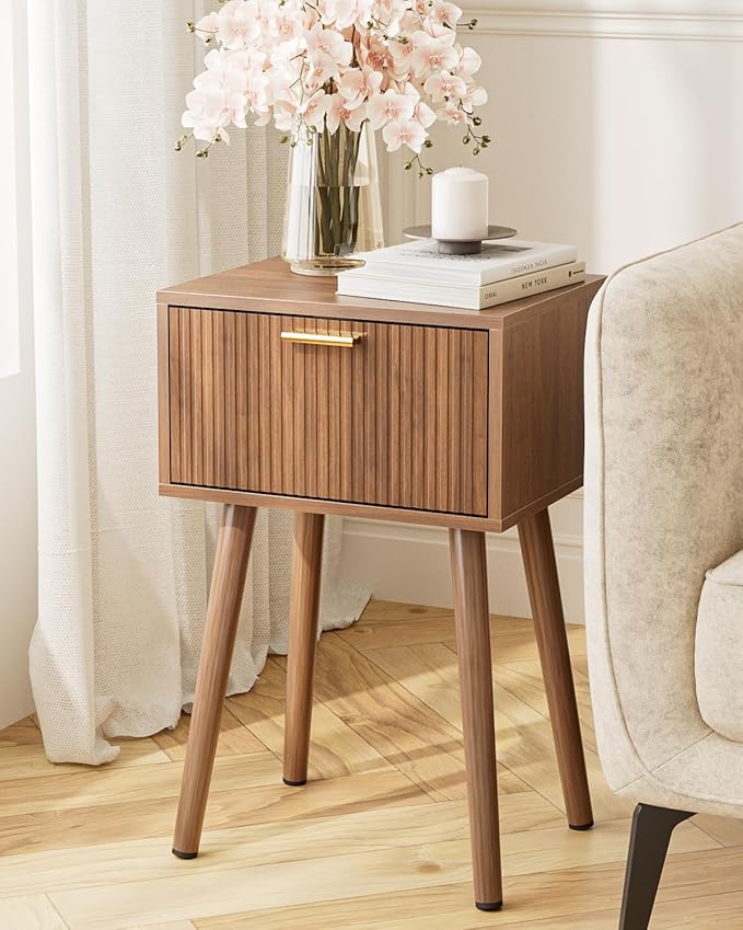 Night Stand, Walnut Nightstand with Fluted Door, Small Modern Mid-Century Bedside Table for Bedroom, End Table for Living Room