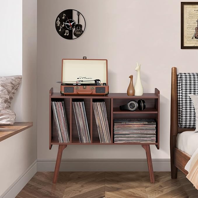 Lerliuo Record Player Stand with 4 Cabinet Holds Up to 220 Albums, Large Turntable Stand with Beech Wood Legs, Mid-Century Record Player Table,Walnut Vinyl Holder Storage Shelf for Bedroom Living Room