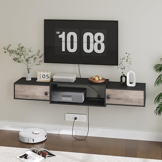 HOOBRO 55" Floating TV Stand with Power Outlets, Modern Wall Mounted Media Console Shelf with Doors, Entertainment Center for Under TV Storage, for Living Room, Bedroom, Greige and Black BG11UDS01