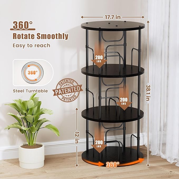 Rotating Bookshelf, 3 Tier Round Revolving Bookcase with Special Visible Partition Storage, 360° Display Spinning Small Bookshelf Tower Book Shelf Organizer for Bedroom, Small Space, Black