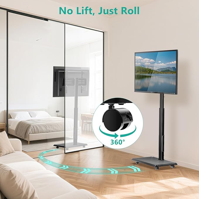 WALI Floor TV Stand with Power Outlet, Rolling Tall TV Stand Mount with Wheels for 32-75 inch TV up to 110 lbs, Swivel Height Adjustable TV Cart with Wood Base for Bedroom(TVDVD-7PR), Black