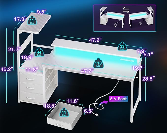 AODK 59 Inch Gaming Desk with USB Charging Ports & LED Light- Reversible Computer Desk with Storage Shelves & Monitor Stand, Modern Gamer Desk Table with Fabric Drawers & Side Hook, Carbon Fiber White