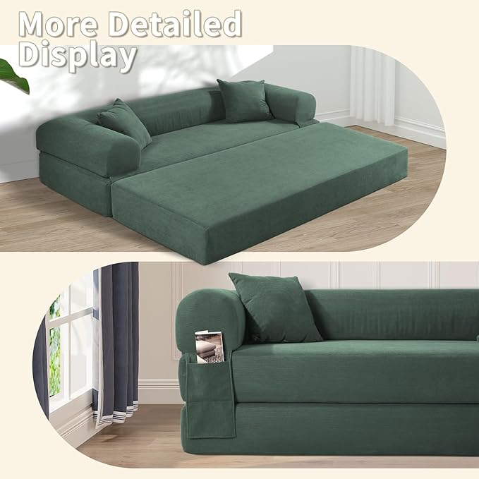 80" Convertible Sofa Bed, Corduroy Deep Seat Folding Pull Out Couch with Pillows, No Assembly Modern Boneless Couch Compression Sofa in Box, Floor Sofa with Storage Pocket for Living Room,Light Green