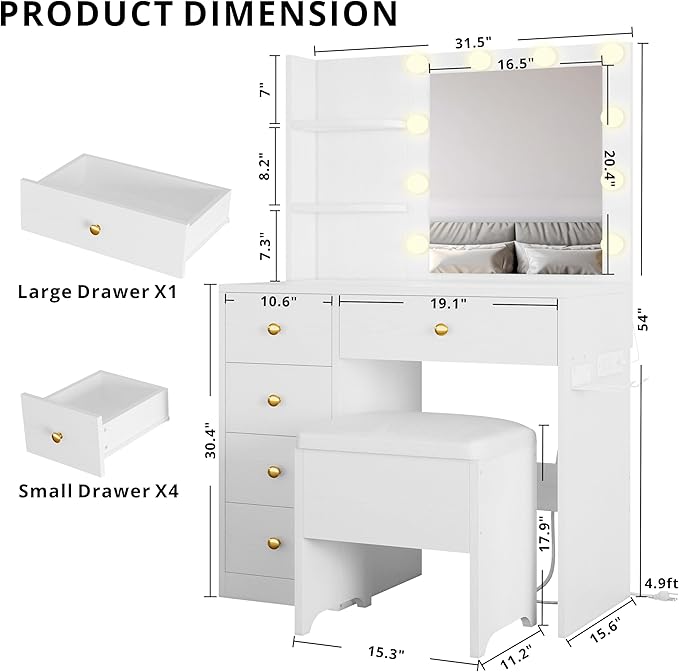 IRONCK Vanity Desk with Mirror and Lights, Small Makeup Vanity Table with 5 Drawers, Power Outlet, and Vanity Stool, 3 Lighting Colors, Dressing Table for Women Girls Bedroom, White