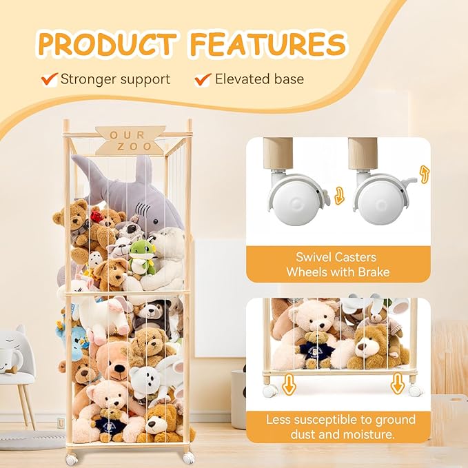 Stuffed Animal Storage Zoo with Wheels, Wooden Large Stuff Animals Plushies Holder Toy Organizer Kids Plush Storage Cage with Elastic Band and Net for Nursery Playroom Corner for Toddler
