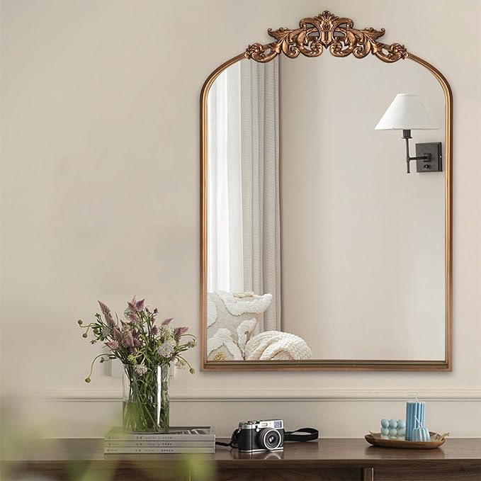 WAMIRRO Ornate Gold Mirror,Vintage Arched Baroque Antique Mirorrs for Living Room/Hallway/Fireplace/Bathroom/Entryway 24"X36"