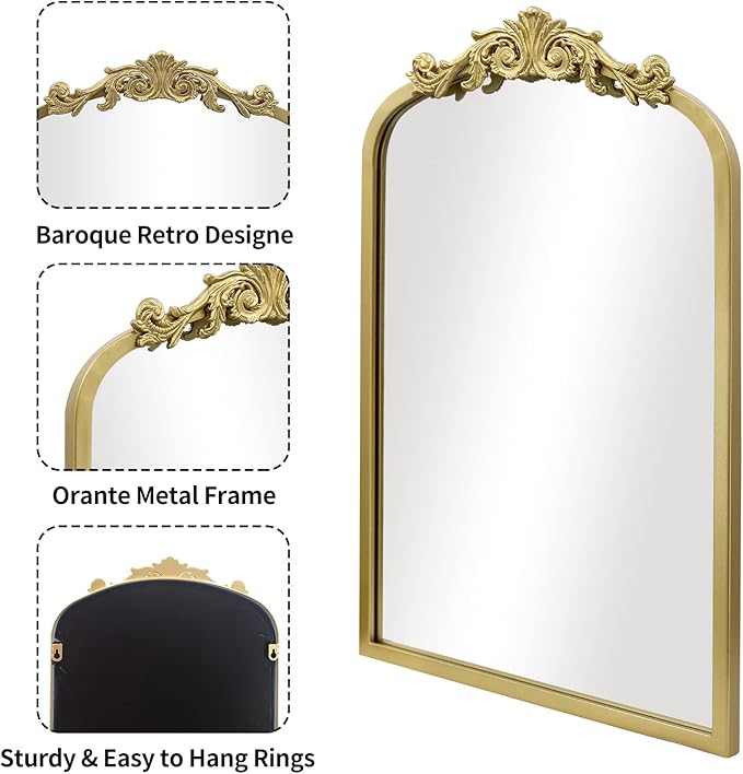 AIXI HOME Gold Arched Mirror 15"x23", Traditional Arendahl Vintage Antique Mirror with Ornate Metal Frame, Baroque Wall Mounted Mirrors for Entryway/Bathroom/Living Room/Hallway/Bedroom