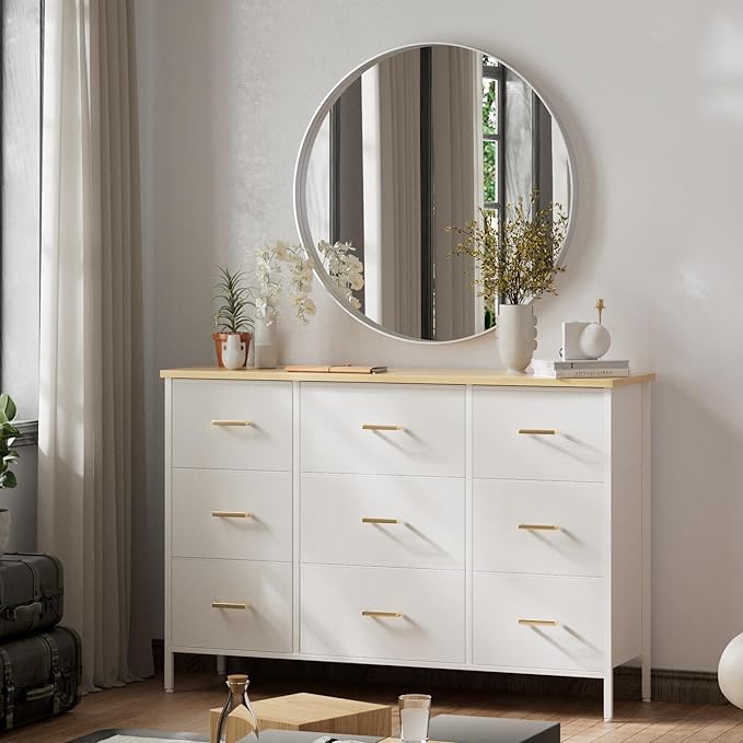 Wide TV Stand Modern TV Console, 9 Drawers Dresser for Bedroom, Fabric Storage Cabinet, Chest of Drawers for Closet, Nursery, Living Room（White）