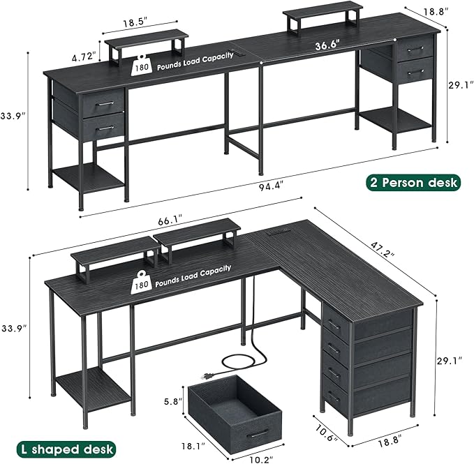 66" L Shaped Computer Desk, 94.4'' Home Office Desk with Power Outlets, 4 Adjustable Storage Drawers & 2 Monitor Stands, Large Two Person Gaming Table for Writing Study, Black