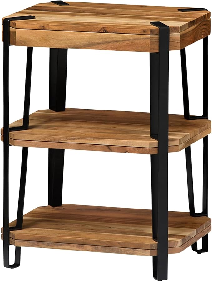 Ryegate 3-Tier End Table with Storage “ Live Edge Solid Acacia Wood Side Table with Industrial Metal Frame and 2 Open Lower Shelves for Living Room, Bedroom, Entryway by Alaterre Furniture