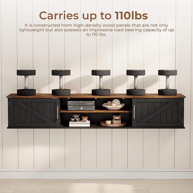Floating TV Stand with Doors, 63'' Farmhouse Floating TV Shelf for TVs up to 80 Inch, 2 Tier Wall Mounted TV Stand, Floating Entertainment Center, TV Floating Cabinet for Living Room, Bedroom, Black
