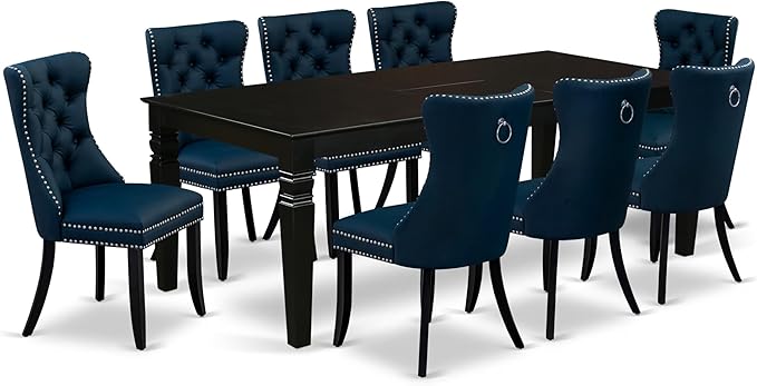 East West Furniture LGDA9-BLK-29 9 Piece Dinette Set Includes a Rectangle Dining Table with Butterfly Leaf and 8 Polyester Fabric Upholstered Chairs, 42x84 Inch, Black