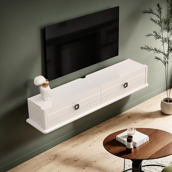 Pmnianhua High Gross Floating TV Stand,51'' Solid Wood Wall Mounted TV Console,Floating Entertainment Center with Door and Drawer,Under TV Shelf for TVs up to 60''(White)