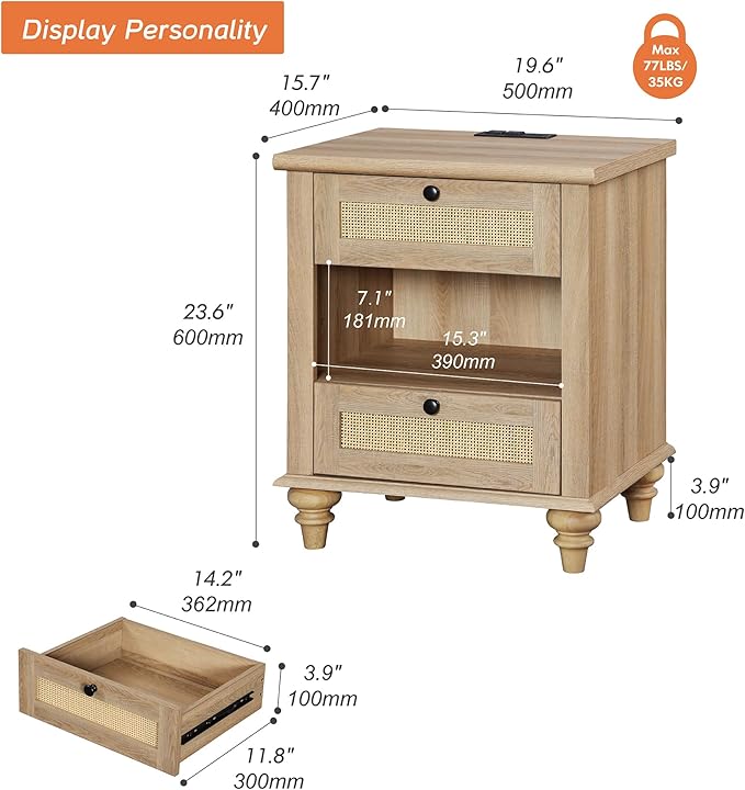 WAMPAT Rattan Nightstand Side Table with Charging Station, Light Wood End Table with 2 Drawers for Living Room, Rustic Farmhouse Night Stand Bedside Table for Bedroom, Oak