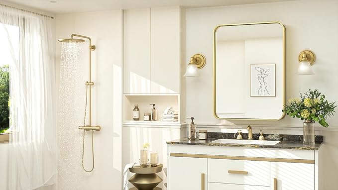 TokeShimi Bathroom Mirror for Wall 24 x 30 Inch Gold Brushed Brass Metal Rounded Corner Rectangle Mirror Wall Mirror in Metal Frame