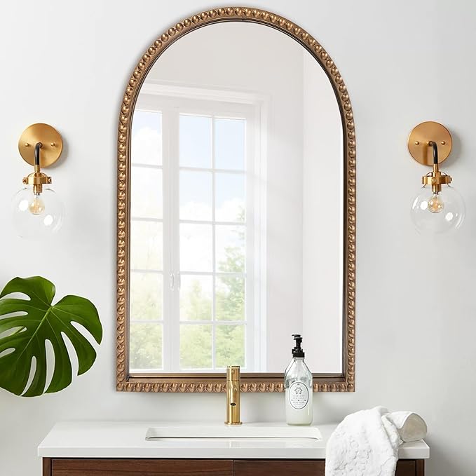 ironsmithn Gold Arched Mirror, 24"x40" Beaded Frame Arch Mirrors, Marlowe Decorative Accent Mirrors for Fireplace Bedroom Bathroom Living Room Entryway