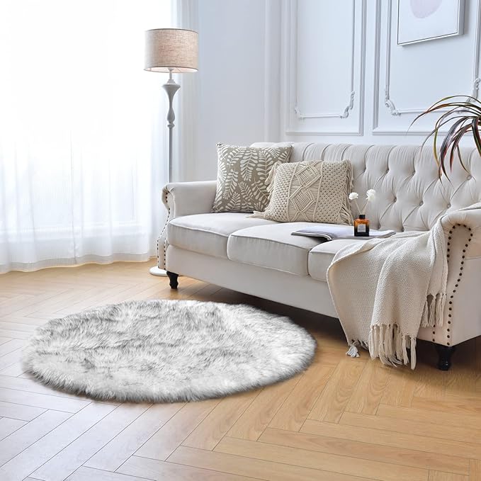 duduta White Black Faux Sheepskin Round Rug 4x4 ft, Fluffy Shag Fur Bedroom Nursery Kids Playroom Rug Dorm Decor Non Slip Washable