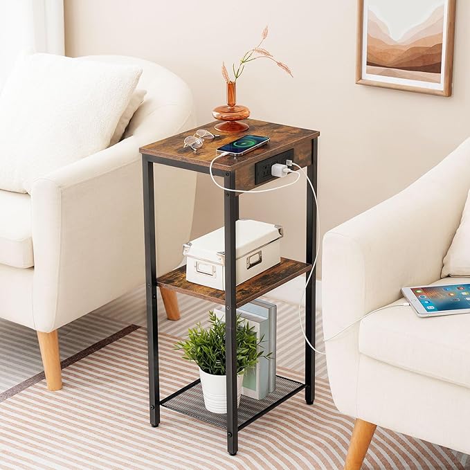 HOOBRO Tall End Table with Charging Station, 30 Inch Tall Nightstand, 3-Tier Side Table with Storage Shelves, for Living Room, Bedroom, Hallway, Rustic Brown BF09UDH01G1