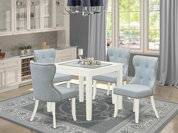 East West Furniture OXSI5-LWH-15 5 Piece Dining Table Set for 4 Includes a Square Kitchen Table and 4 Baby Blue Linen Fabric Upholstered Parson Chairs, 36x36 Inch, Linen White