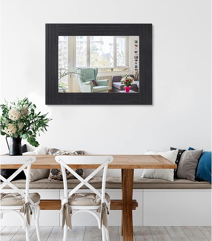 Black Wall Mirror Rectangular Vintage Rustic Wood Framed Large Mirror Deco Farmhouse Living Room Bathroom Bedroom Entrance Mirror 26" x 18"