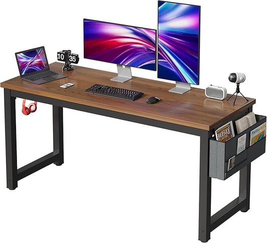Large Computer Desk - 63 Inch Home Office Desks Study Student Writing Table Gaming Desk Wood Modern Simple Table with Storage Bag & Headphone Hooks, Brown