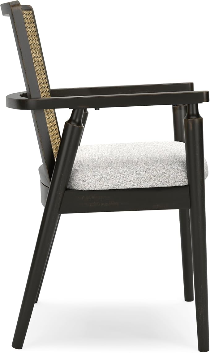 Signature Design by Ashley Galliden Rustic Solid Wood Upholstered Dining Arm Chair with Faux Cane Backrest, Set of 2, Light Brown & Black