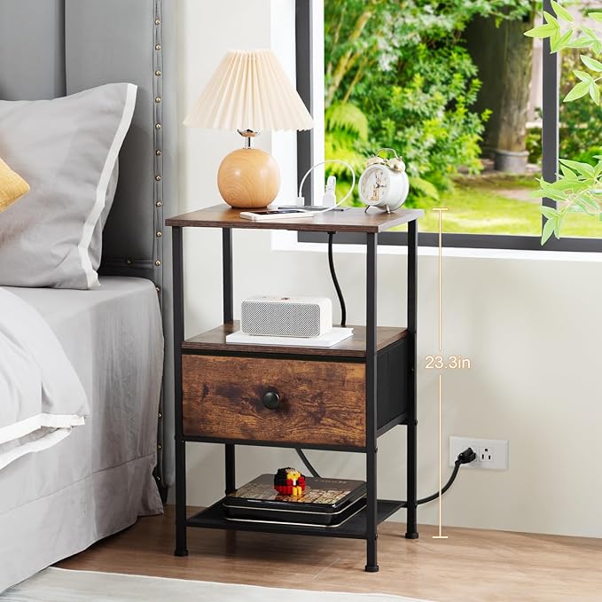 Night Stand Set 2, Nightstand with Charging Station, End Tables Living Room with Fabric Drawer for Small Spaces, Side Tables with Storage Shelf for Bedroom, Rustic Brown HETS010PBR