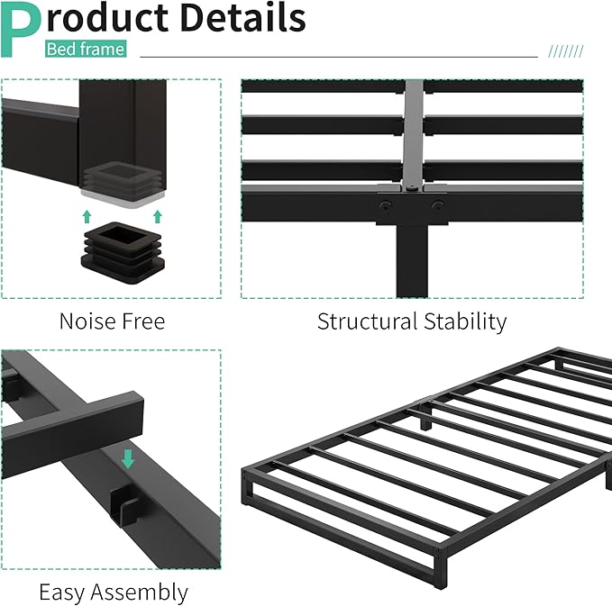4 Inch Twin Size Bed Frames Heavy Duty Metal Twin Platform Bed Frame No Box Spring Needed, Noise Free, Easy Assembly, Black