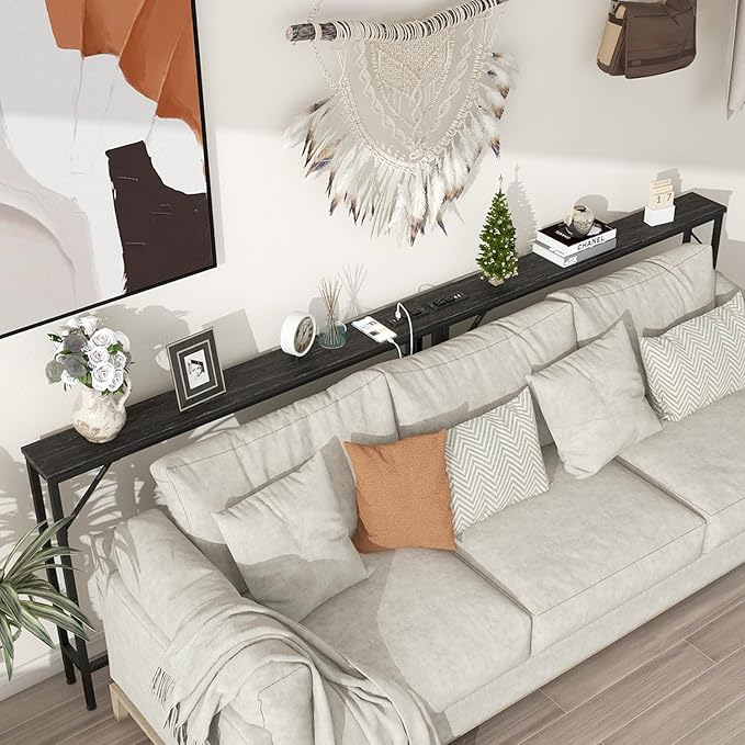 Tohomeor Skinny 5.9" Console Table 47.24" Narrow Long Sofa Table with Power Outlets USB Ports Industrial Wooden Entry Table for Entryway Living Room Hallway (L-94.4xW-5.91, Charcoal)