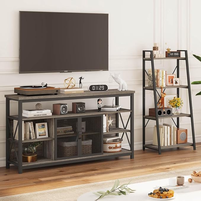 BON AUGURE Ladder Bookshelf, 4 Tier Ladder Shelf Bookcase, Wood Leaning Book Shelves for Living Room, Bedroom, Home Office Shelving Unit (Dark Grey Oak)