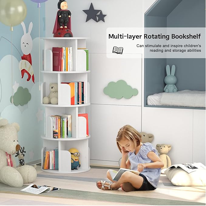 Aheaplus Rotating Bookshelf, Small Corner Bookshelf for Small Space, 360 Display 4 Tier Floor Standing Bookcase Storage Rack, Wood Narrow Book Shelf Organizer for Bedroom, Living Room, White