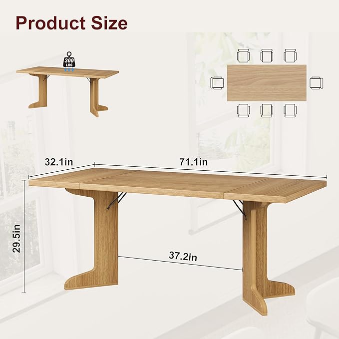 71" Dining Table for 6 to 8 People, Modern Dinner Table with Unique Wooden Legs, Rectangle Dining Table for Kitchen, Dining Room & Living Room, Oak