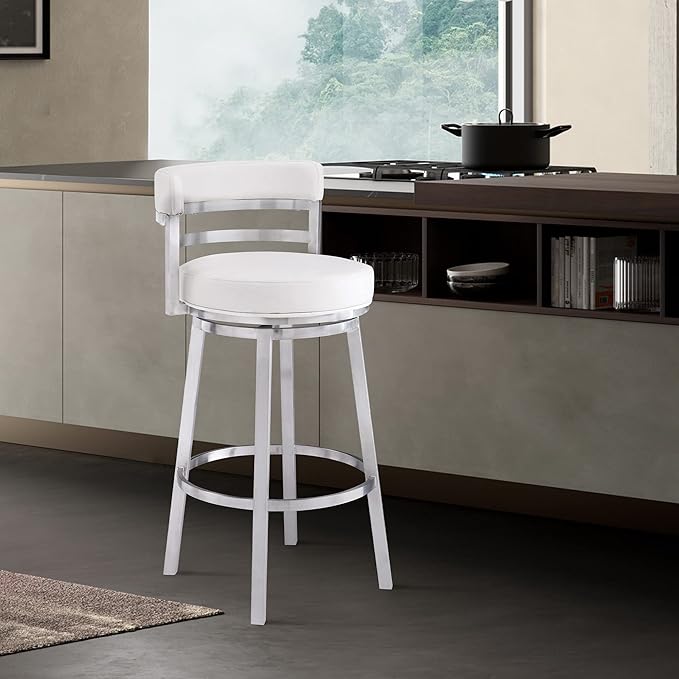 Armen Living Titana 30" Bar Height Swivel White Faux Leather and Brushed Stainless Steel Bar Stool