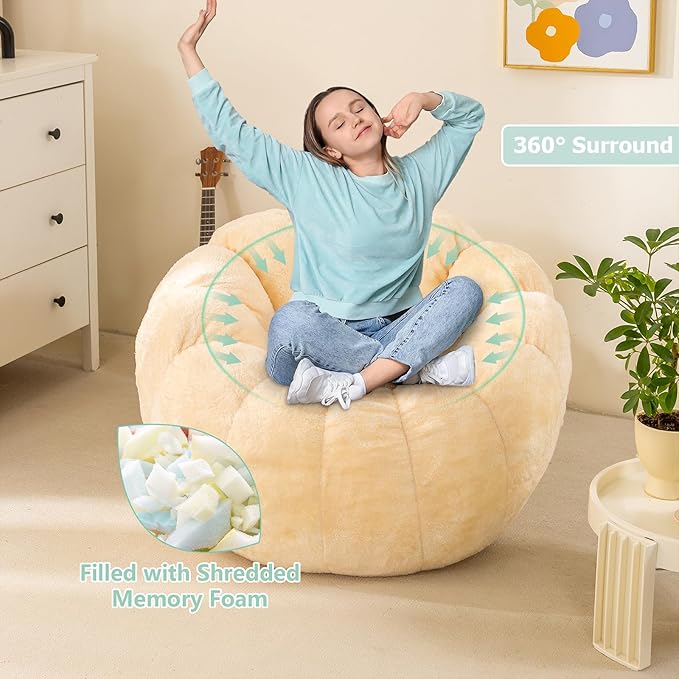 Pumpkin Bean Bag Sofa Chair, Bean Bag Chair with Filler for Teens, Kids, Toddler, Comfy and Lazy Sofa for Dorm, Apartment, Living Room and Bedroom, Ivory