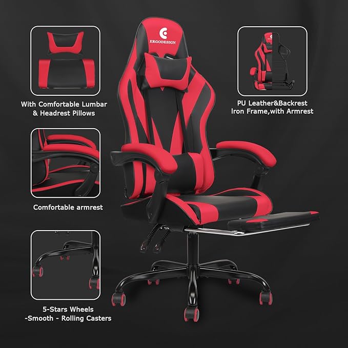 Gaming Chair with Linkage Armrest & Footrest, High Back Video Gaming Chair, Black/Red