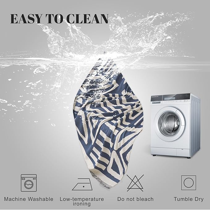 HANDONTIME Boho Couch Covers for Sofa Chenille Sofa Covers Denim Blue Sofa Cover Blanket Sectional Sofa Cover Geometric Reversible Couch Cover for L Shaped Couch Protector for Dogs, 71" X102"