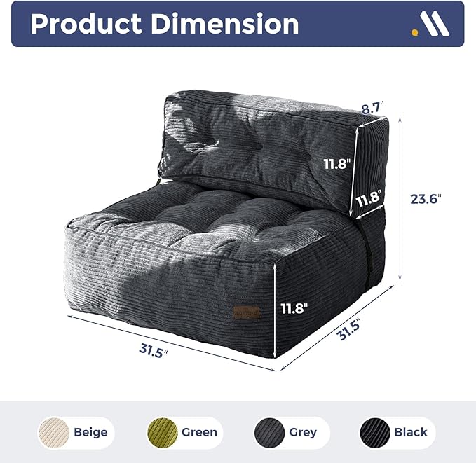 MAXYOYO Floor Sofa Bean Bag Sofa Couch, Comfy Floor Couch with Back Support, Portable Bean Bag with Filling, Corded Chair Seating for Living Room Bedroom Apartment, Dark Grey