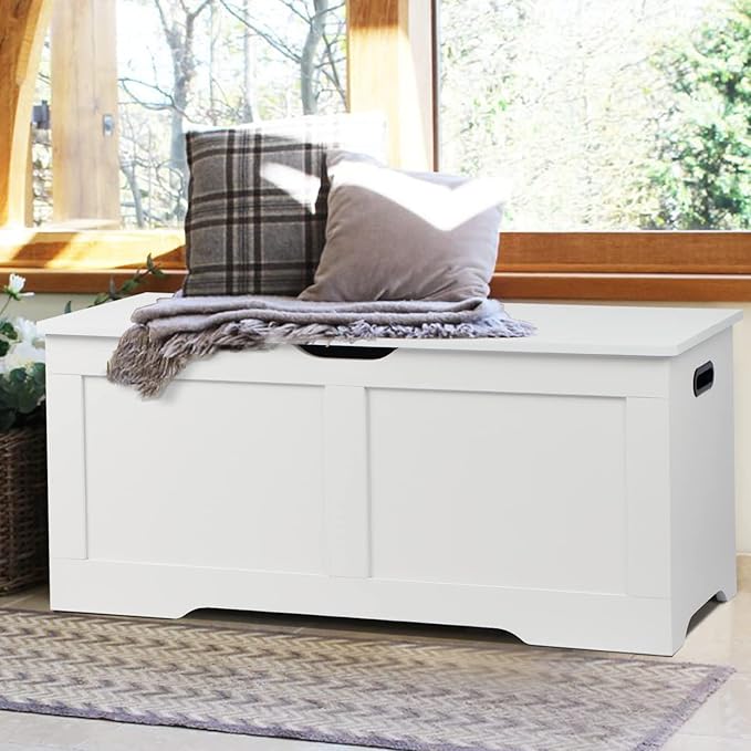 39.4" Storage Chest, Wooden Storage Bench, Lift Top Toy Chest with 2 Safety Hinges, Large Toy Box, Entryway Bench for Living Room, Bedroom, White
