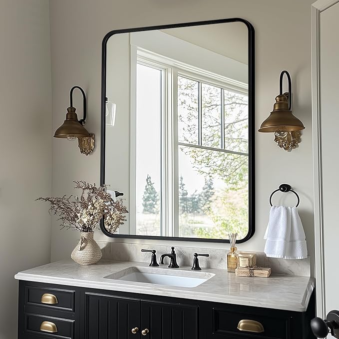 Bathroom Mirror, 40" x 30" Wall Mirror, Rectangular Aluminum Alloy Frame Contemporary Hanging Mirror for Living Room Bathroom Entryway, Black Rounded Corner
