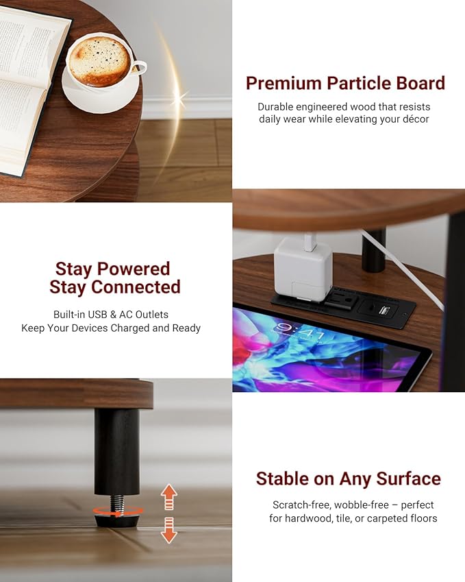 Small Round End Table - 3 Tier Design Accent Table, Narrow Side or Bedside Stand, Industrial Vintage Table for Small Spaces, Built-in USB Ports and Power Outlet, Rustic Walnut