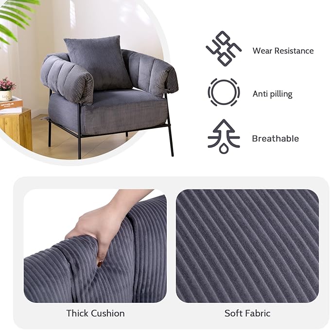HollyHOME Modern Velvet Accent Chair with Ottoman, Upholstered Comfy Reading Chair and Footstool,Large Lazy Armchair with Stool, Lounge Sofa for Living Room, Bedroom, Dark Grey
