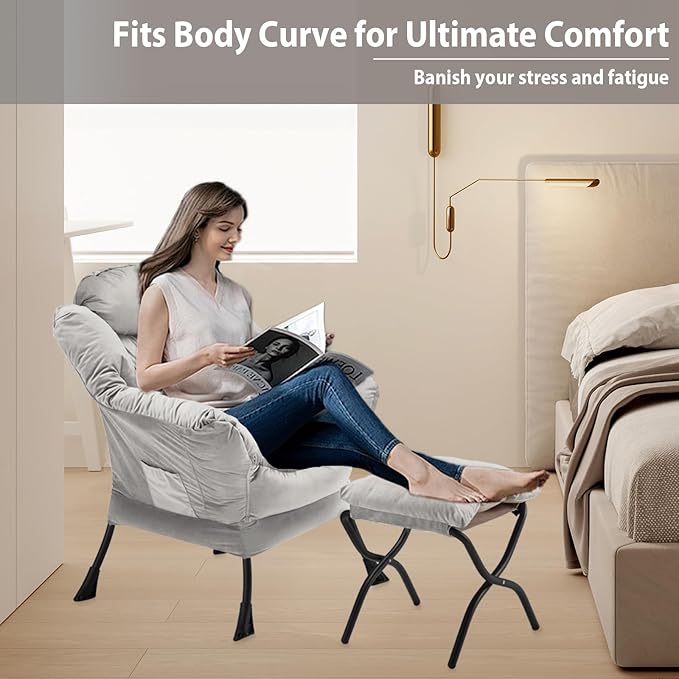 Lazy Chair with Folding Ottoman, Accent Chair Velvet Upholstered with Metal Structure and Non-Slip Pads, Sofa Armchair with Footrest and Side Storage Bag for Dorm, Room, Office, Light Gray