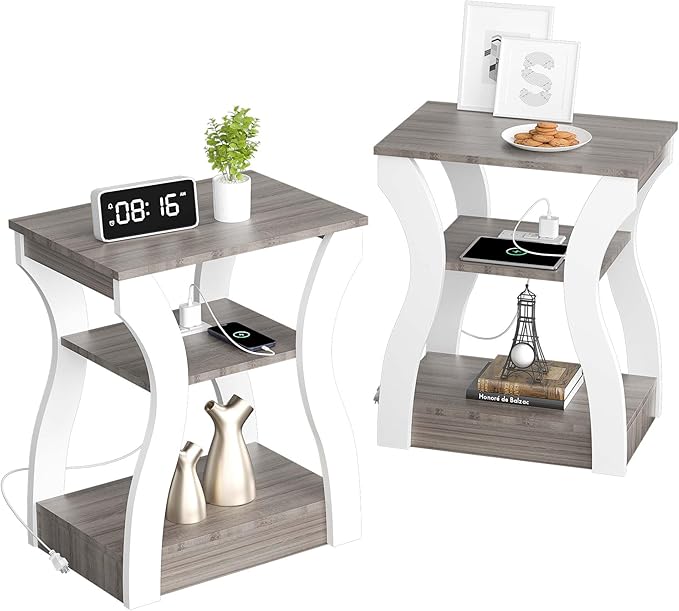 End Tables for Living Room, Side Tables with Charging Station, 3-Tier Night Stand Set of 2, USB Ports & Outlets, Storage Shelf - for Bedroom, Office, Bathroom, White