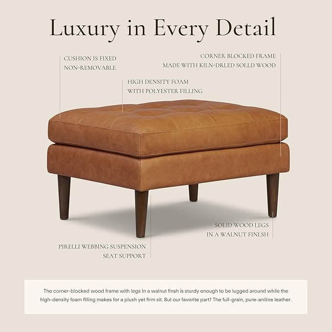 POLY & BARK Napa Ottoman - Full-Grain Leather Upholstered Ottoman with Feather-Down Topper - Couch for Living Room - Vintage Italian Leather in Cognac Tan