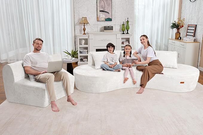 Homguava 130'' Modular Sectional Sofa,Curved Modern Sofa with Memory Foam,Deep Seat Cloud Couch with 4 Pillows,Upholstered Oversized Couches for Living Room Apartment Office,No Assembly Required-Beige