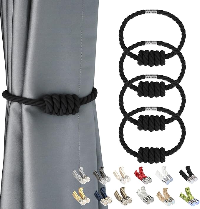 BEL AVENIR Magnetic Cotton Curtain Tiebacks, Decorative Drapery Holdbacks Modern Woven Tie-Backs with Exquisite Knot (Black Cotton, 4 Pack)