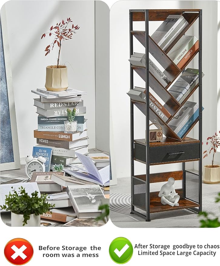 Bookshelf with Drawer,10 Tier Tree Bookcase Retro Floor Standing Bookshelves,Tall Wood Bookcases with Cabinet Storage Organizer for Living Room, Bedroom & Home Office, Classic